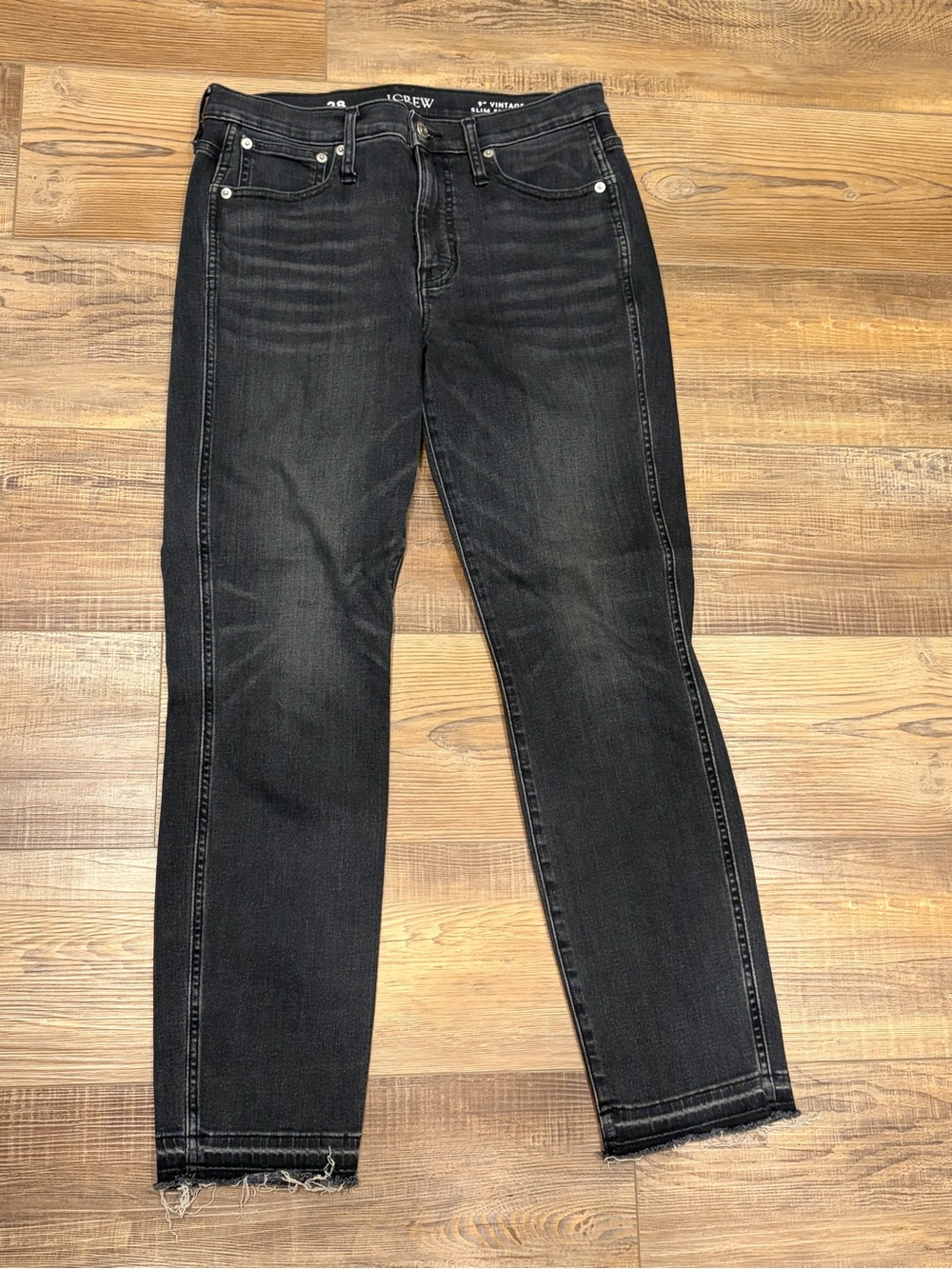 J. Crew 9” Vintage Slim Straight-Leg Black Washed Jeans Distressed Hem 28W